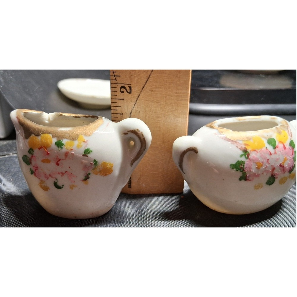 Vintage Miniature Floral Tea Set Creamer Sugar Bowl Teacup Saucers Gold Rim 6pc